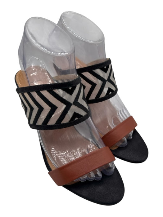 L'agence Shoe Size 8 Brown & Black Leather Embroidered Geometric 2 Strap Wedges Brown & Black / 8