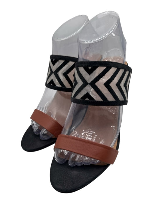 L'agence Shoe Size 8 Brown & Black Leather Embroidered Geometric 2 Strap Wedges Brown & Black / 8
