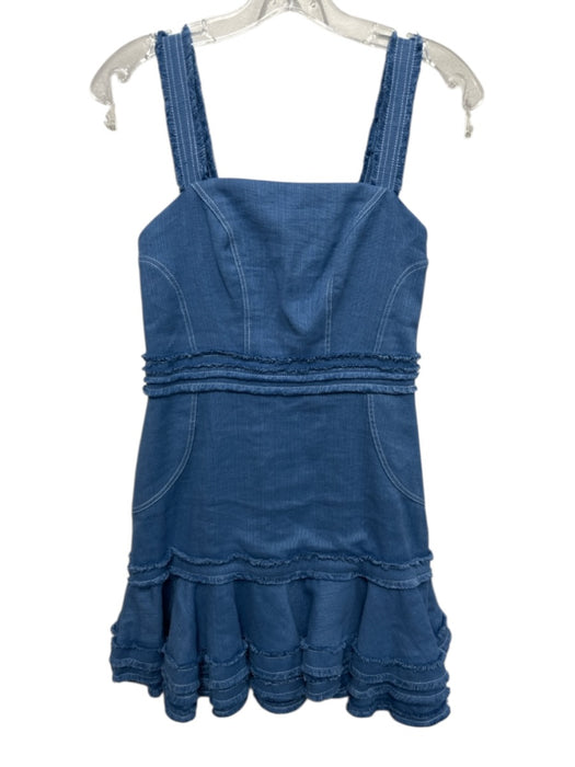 Alexis Size S Blue Linen & Cotton Sleeveless Fringe Contrast Stitching Dress Blue / S