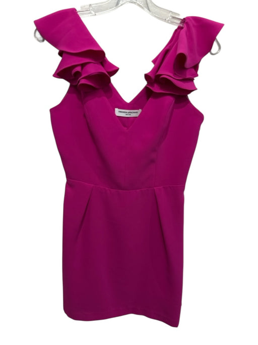 Amanda Uprichard Size M Hot pink Polyester Ruffle Cap Sleeve V Neck Mini Dress Hot pink / M