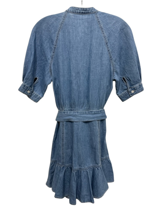 Veronica Beard Size S Medium Wash Cotton Denim Short Puff Sleeve Tiered Dress Medium Wash / S