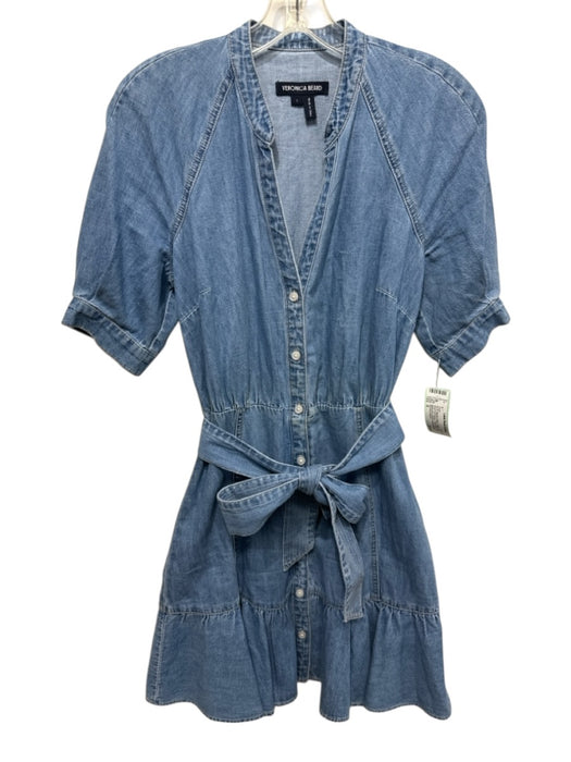 Veronica Beard Size S Medium Wash Cotton Denim Short Puff Sleeve Tiered Dress Medium Wash / S