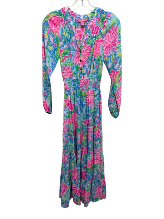 Lilly Pulitzer Size XXS Blue, Pink, Green Polyester Long puff sleeve Maxi Dress Blue, Pink, Green / XXS