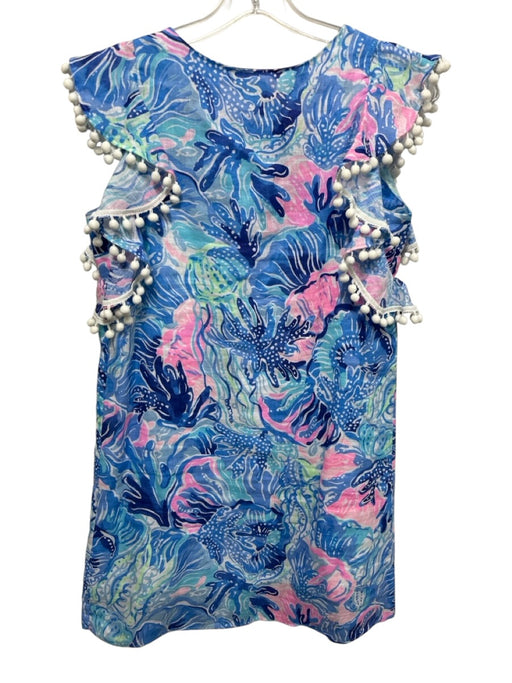 Lilly Pulitzer Size XXS Blue, Pink, White Linen Ruffle Cap Sleeve Aquatic Dress Blue, Pink, White / XXS