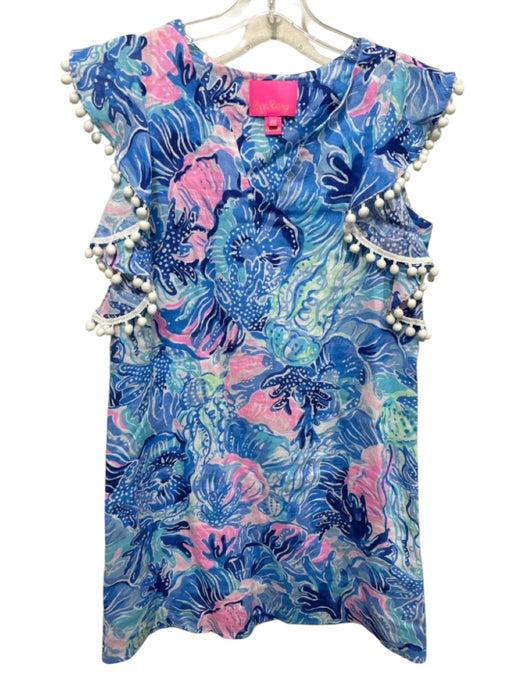 Lilly Pulitzer Size XXS Blue, Pink, White Linen Ruffle Cap Sleeve Aquatic Dress Blue, Pink, White / XXS
