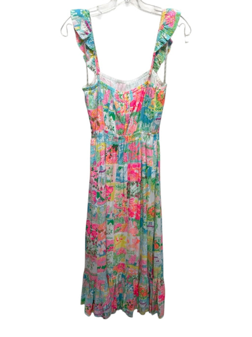 Lilly Pulitzer Size S Blue, Pink, Orange Rayon Ruffle Cap Sleeve Stamp Dress Blue, Pink, Orange / S