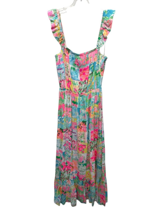 Lilly Pulitzer Size S Blue, Pink, Orange Rayon Ruffle Cap Sleeve Stamp Dress Blue, Pink, Orange / S