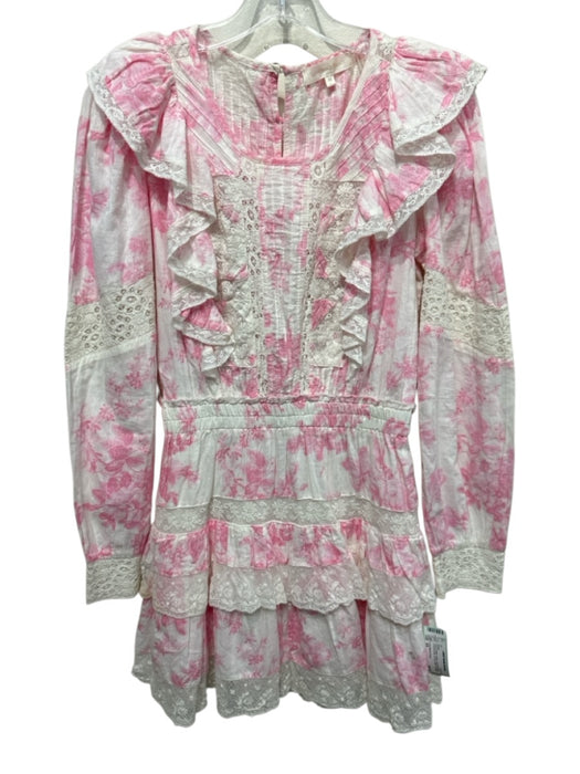 Love Shack Fancy Size XS Pink & White Cotton Long puff sleeve Crochet Lace Dress Pink & White / XS