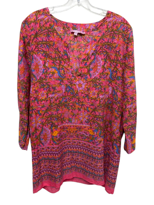 Calypso St. Barth Size M Pink, Green, Blue Cotton Long Sleeve Floral Print Dress Pink, Green, Blue / M