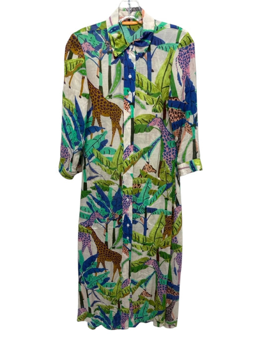 Oliphant Size XS Green, Blue, Multi Cotton & Silk Long Sleeve Buttons Midi Dress Green, Blue, Multi / XS