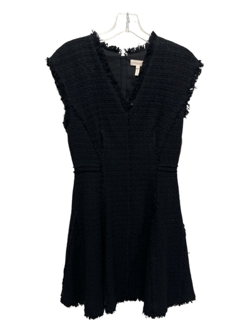 Rebecca Taylor Size 2 Black Cotton & Wool Blend Tweed V Neck Fray Detail Dress Black / 2