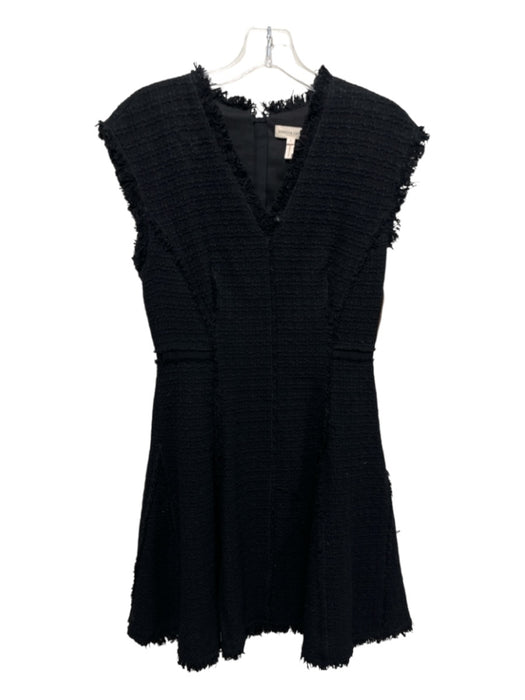 Rebecca Taylor Size 2 Black Cotton & Wool Blend Tweed V Neck Fray Detail Dress Black / 2