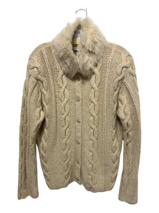 Worth Size L Oatmeal Beige Cashmere Cable Knit Button Down Fur Collar Cardigan Oatmeal Beige / L