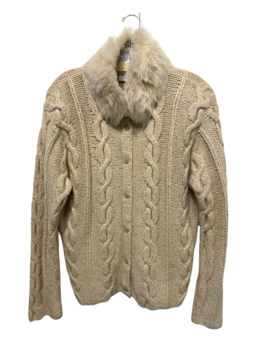 Worth Size L Oatmeal Beige Cashmere Cable Knit Button Down Fur Collar Cardigan Oatmeal Beige / L