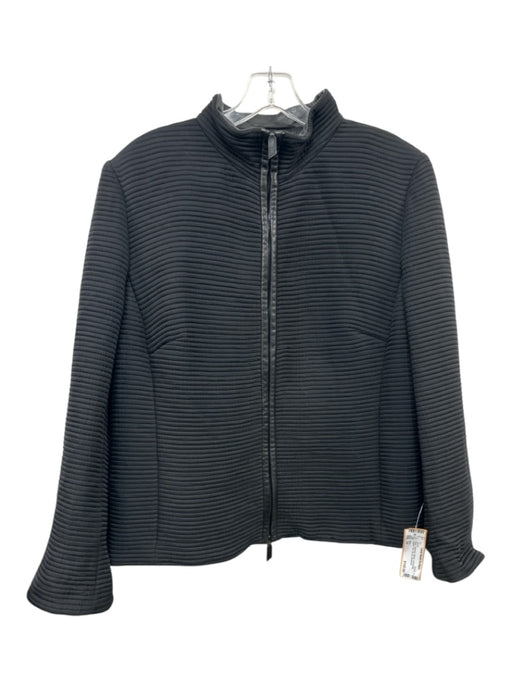 Akris Size 14 Black Polymide Ribbed Horizontal Leather Trim Zip Up Jacket Black / 14