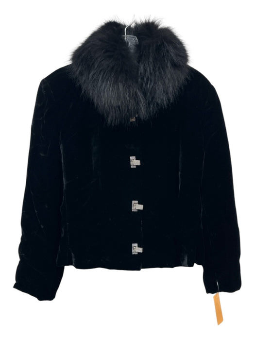Ralph Lauren Size 12 Black Rayon Blend Velvet Fur Collar Rhinestone Clasp Jacket Black / 12