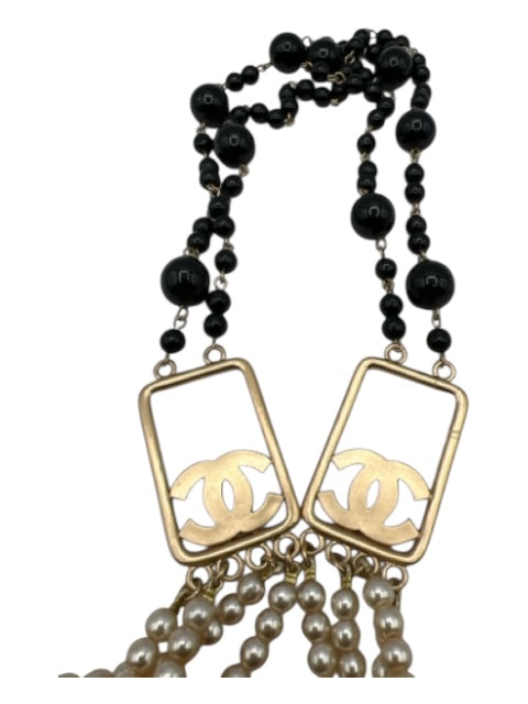 Chanel Cream, Black & Gold Faux Pearl Multi Strand Interlocking CC Necklace Cream, Black & Gold
