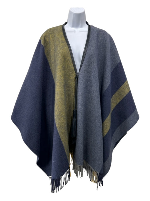 Hermes Size One Size Blue & Green Wool & Cashmere Fringe oversized plaid Coat Blue & Green / One Size