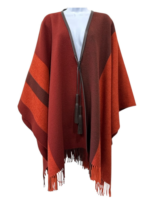 Hermes Size One Size Red, Orange, Brown Wool & Cashmere Fringe Poncho Coat Red, Orange, Brown / One Size