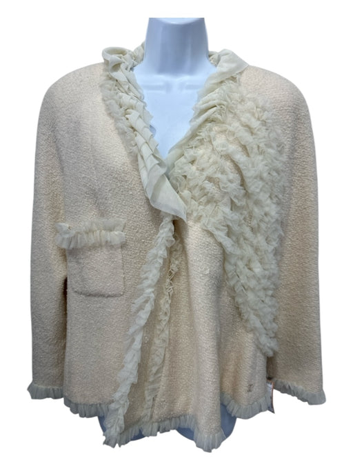 Chanel Size 44 Cream wool silk blend Tweed tulle ruffles Snap Buttons Jacket Cream / 44