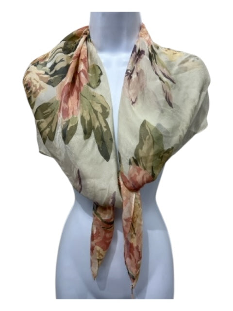 Ralph Lauren Cream, Green & Pink Sheer Square Floral scarf Cream, Green & Pink / Medium
