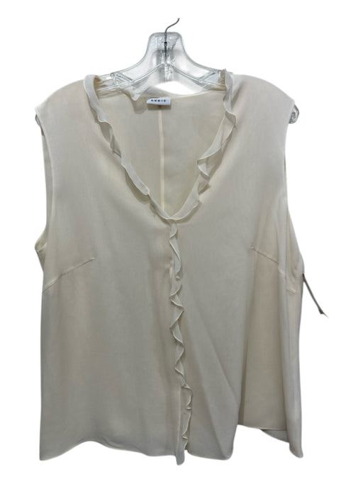 Akris Size 14 Cream Silk V Neck Ruffle Detail Snap Closure Sleeveless Top Cream / 14