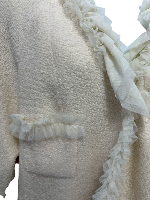 Chanel Size 44 Cream wool silk blend Tweed tulle ruffles Snap Buttons Jacket Cream / 44