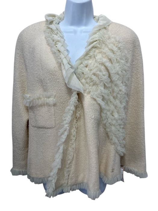 Chanel Size 44 Cream wool silk blend Tweed tulle ruffles Snap Buttons Jacket Cream / 44