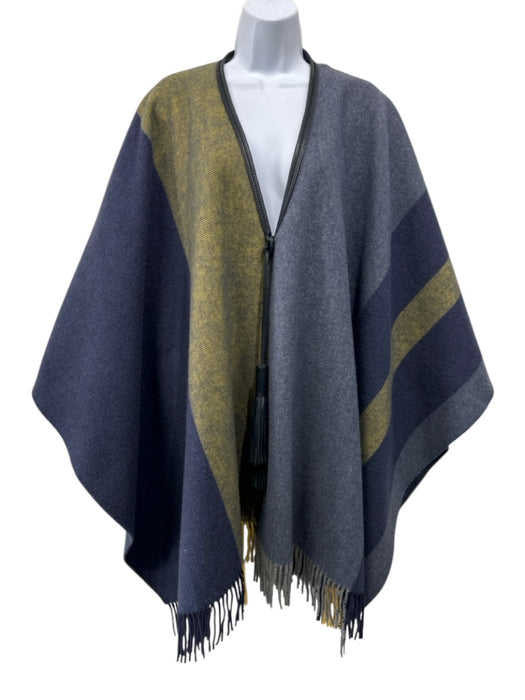 Hermes Size One Size Blue & Green Wool & Cashmere Fringe oversized plaid Coat Blue & Green / One Size