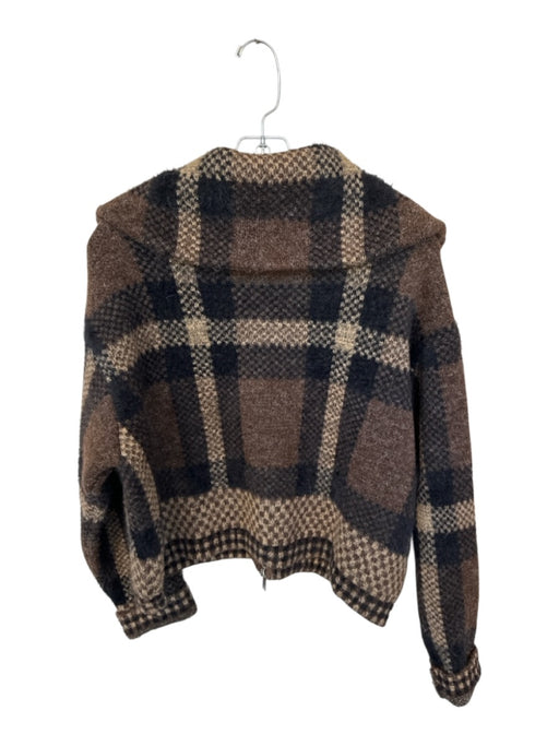 Zara Size M Brown & Black Acrylic Blend Funnel Neck Plaid Full Zip Jacket Brown & Black / M
