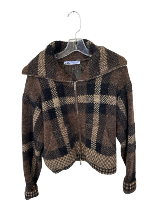 Zara Size M Brown & Black Acrylic Blend Funnel Neck Plaid Full Zip Jacket Brown & Black / M