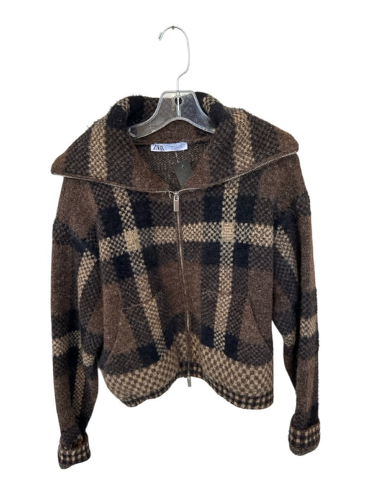 Zara Size M Brown & Black Acrylic Blend Funnel Neck Plaid Full Zip Jacket Brown & Black / M