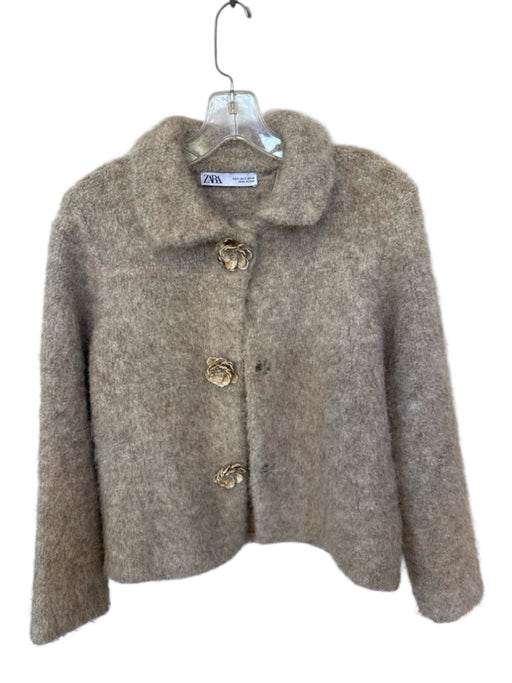 Zara Size S Oatmeal Wool Blend Flower Application Snap buttons Jacket Oatmeal / S