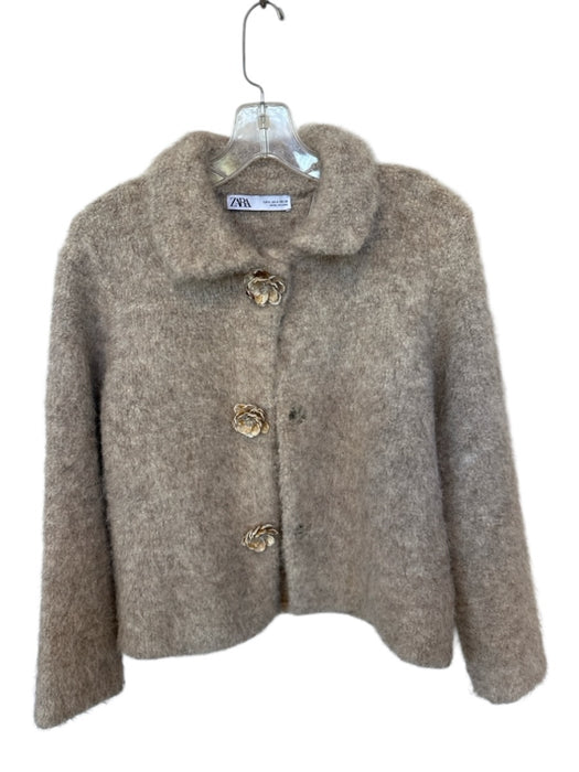 Zara Size S Oatmeal Wool Blend Flower Application Snap buttons Jacket Oatmeal / S