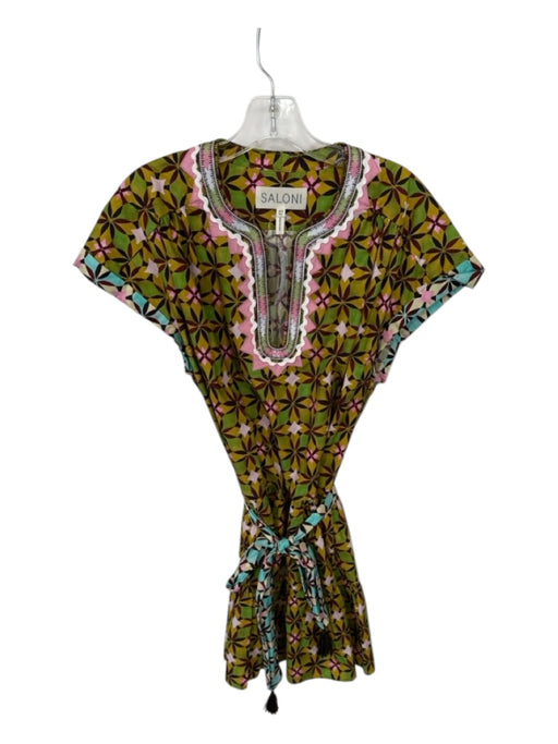 Saloni Size 8 Green & Pink Cotton Cap Sleeve Kaleidoscope Lace Trim V Neck Dress Green & Pink / 8