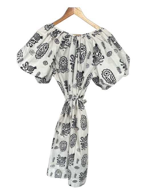Rhode Size S White & Black Cotton Short Balloon Sleeve Botanical Belted Dress White & Black / S