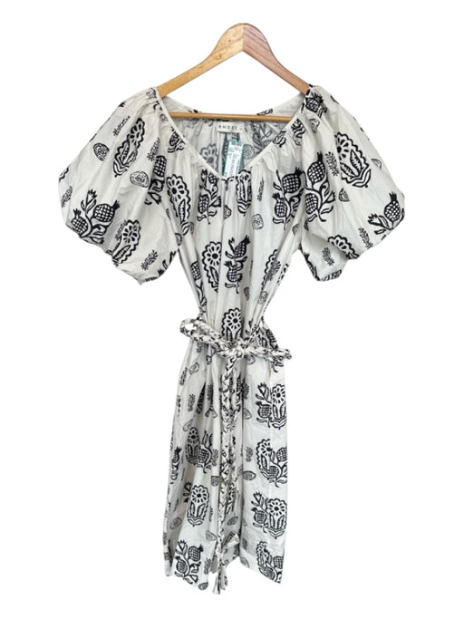 Rhode Size S White & Black Cotton Short Balloon Sleeve Botanical Belted Dress White & Black / S