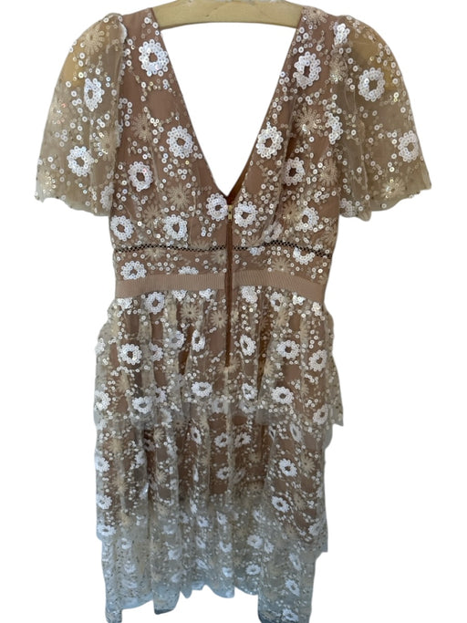 Self-Portrait Size 6 Nude & White Polyamide Short Sleeve Sequins Gown Nude & White / 6