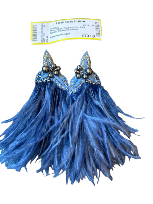 Mignonne Gavigan Blue & Silver Feathers Post Back Beaded Statement Earrings Blue & Silver