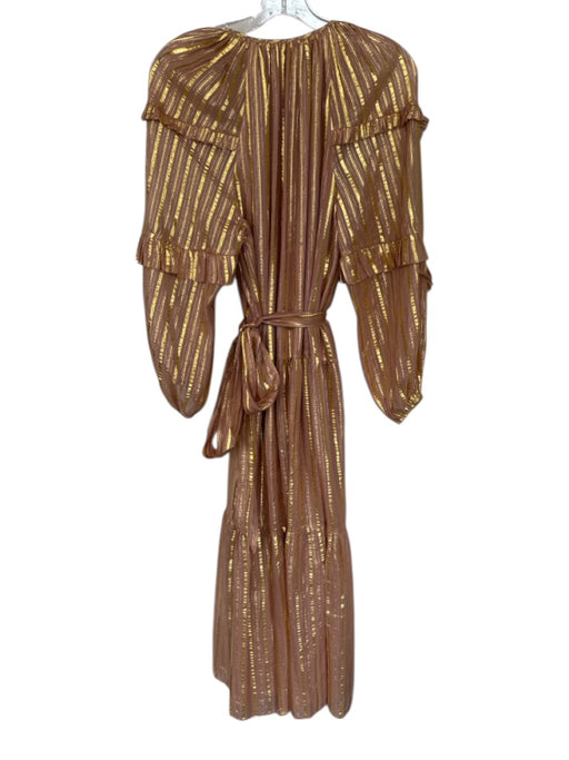 Ulla Johnson Size 2 Pink & Gold Silk Balloon Sleeve Striped Tiered V-neck Dress Pink & Gold / 2