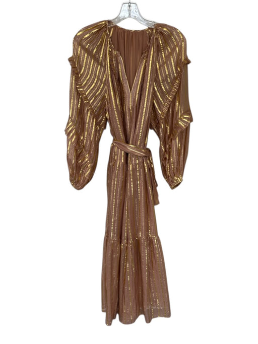 Ulla Johnson Size 2 Pink & Gold Silk Balloon Sleeve Striped Tiered V-neck Dress Pink & Gold / 2