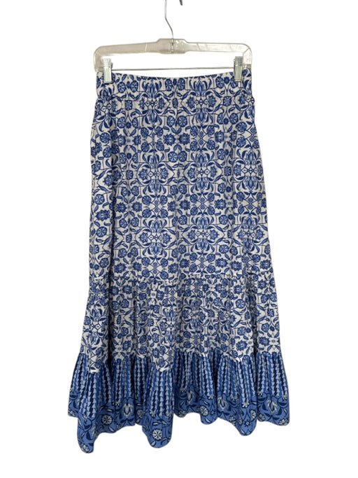 Cara Cara Size M Blue & White Cotton Floral Elastic Tiered Maxi Skirt Blue & White / M