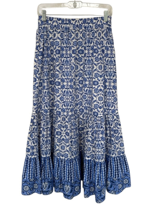 Cara Cara Size M Blue & White Cotton Floral Elastic Tiered Maxi Skirt Blue & White / M
