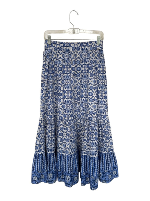 Cara Cara Size M Blue & White Cotton Floral Elastic Tiered Maxi Skirt Blue & White / M