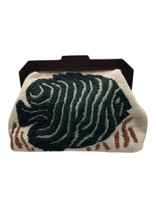 Zara Cream & Green Knit Fish Wood Handle Inner Pocket Clutch Cream & Green
