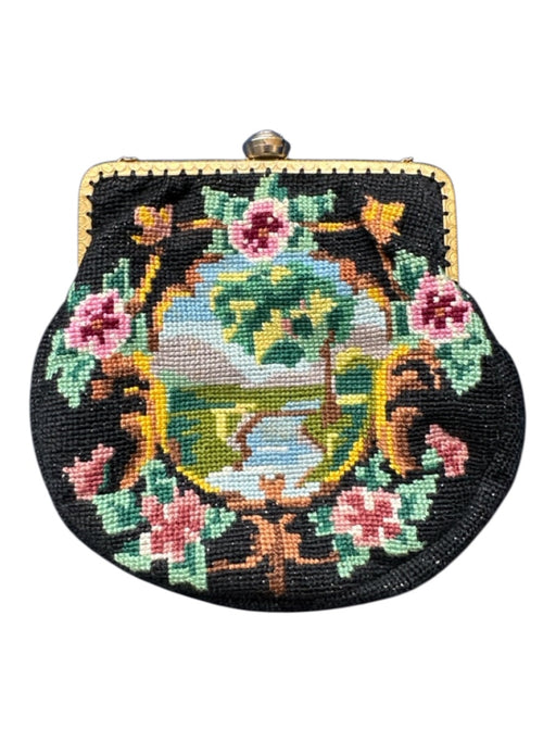 Black & Multi Diamond Needlepoint Gold Hardware Chain Strap Flower Clutch Black & Multi