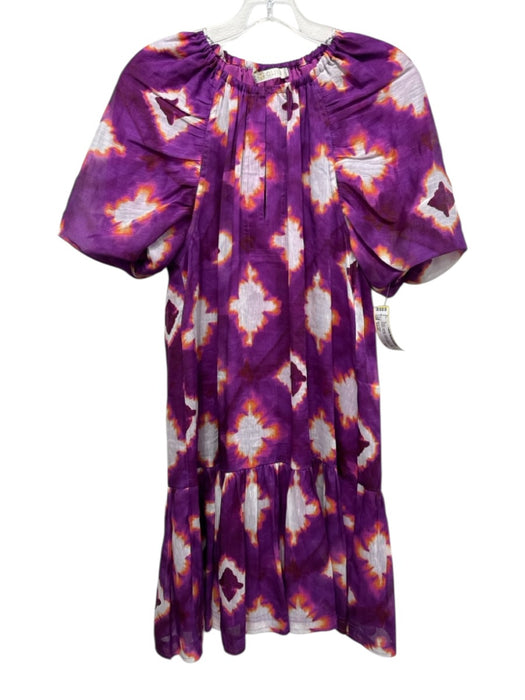 Marie Oliver Size Small Purple, Orange, White Linen & Silk Short Sleeve Dress Purple, Orange, White / Small