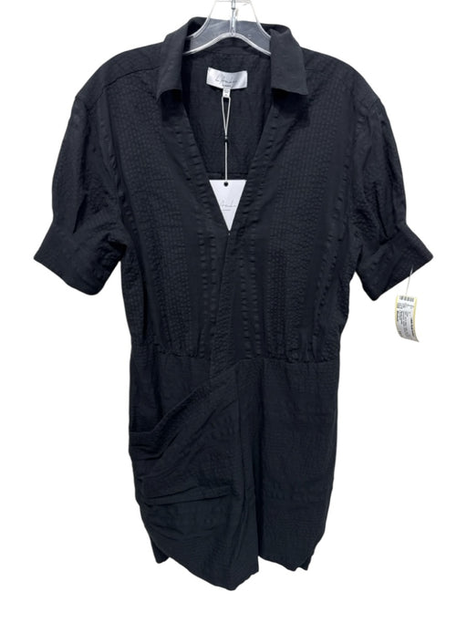 L'Academie Size Medium Black Cotton Short Sleeve Seersucker Surplice Dress Black / Medium