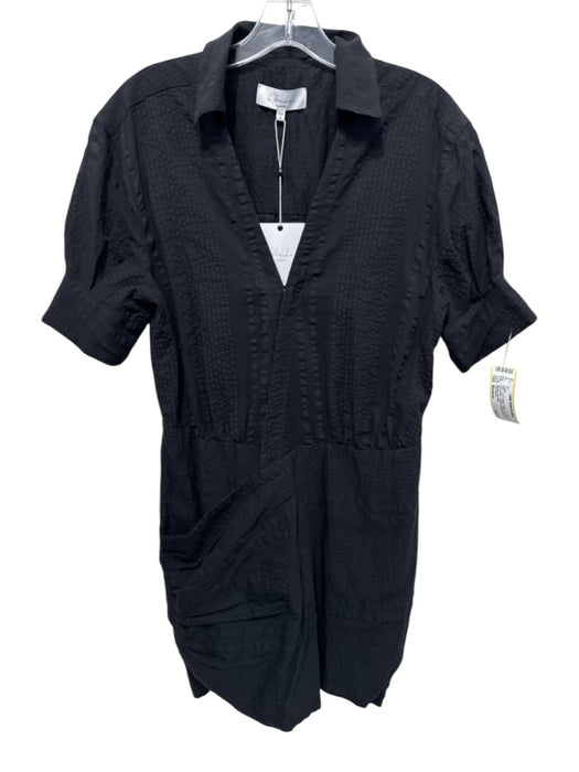 L'Academie Size Medium Black Cotton Short Sleeve Seersucker Surplice Dress Black / Medium