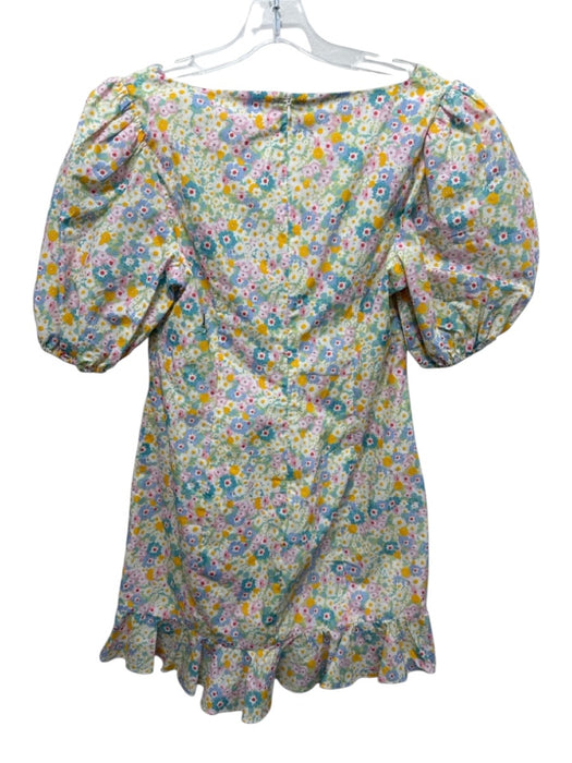 Lovers + Friends Size Medium Blue, Green, Yellow Cotton Short Puff Sleeve Dress Blue, Green, Yellow / Medium